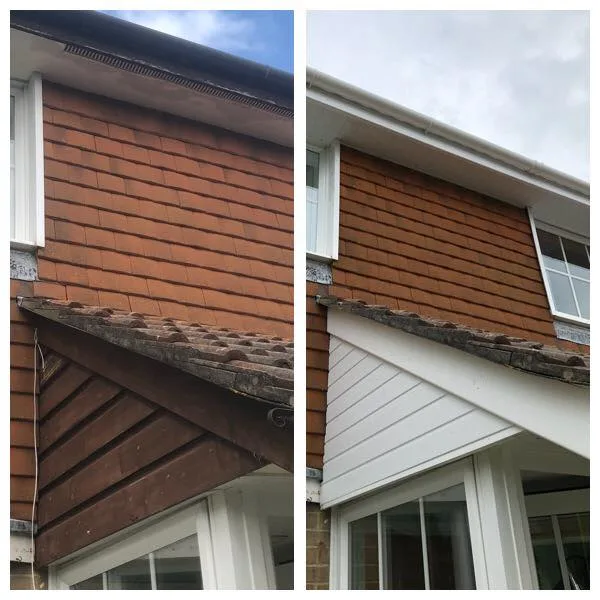 Before and after: tired brown timber fascia and soffit, then new white uPVC