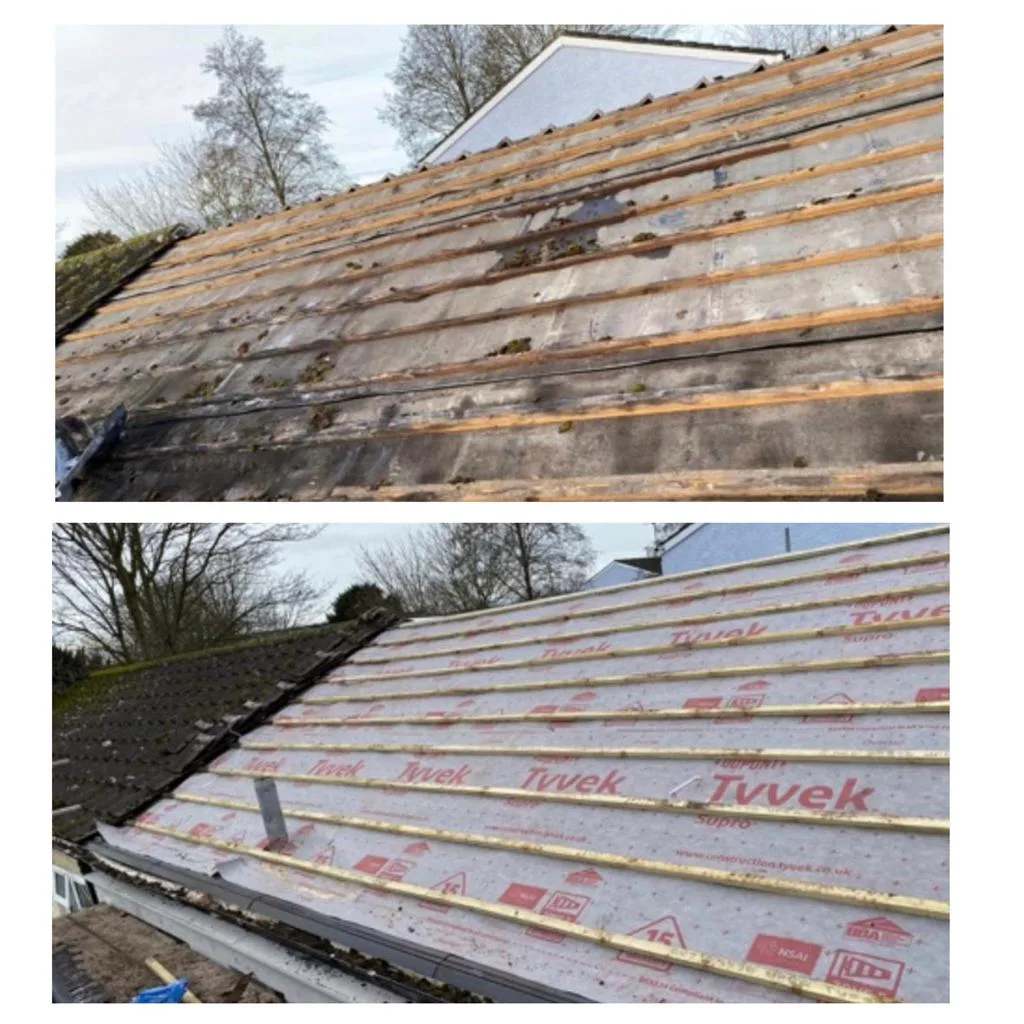 Before and after: a stripped roof with old battens, then the same roof re-felted and battened